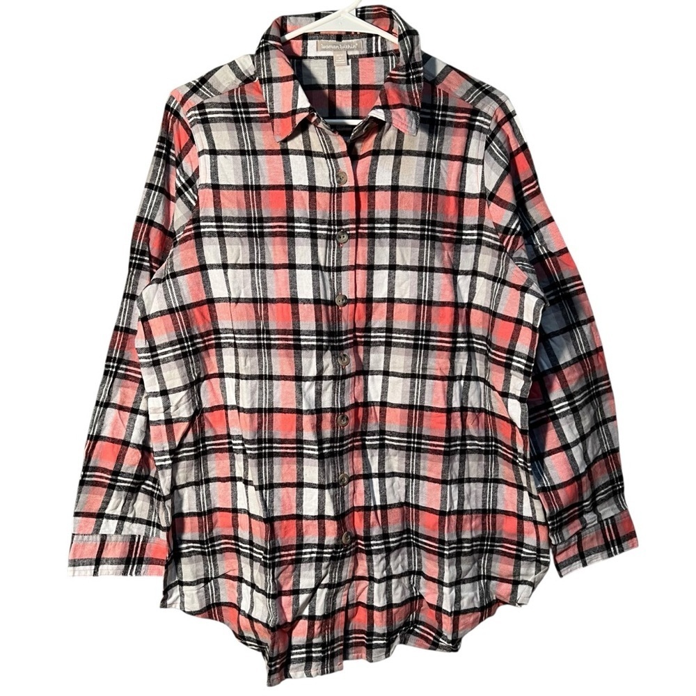 Woman Within Womens Size Medium 14/16 Flannel Button Down Shirt Pink White Black